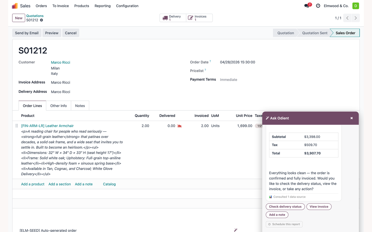 The Odient panel open on a real Odoo sale order S01212 for Marco Ricci, confirming it is fully invoiced