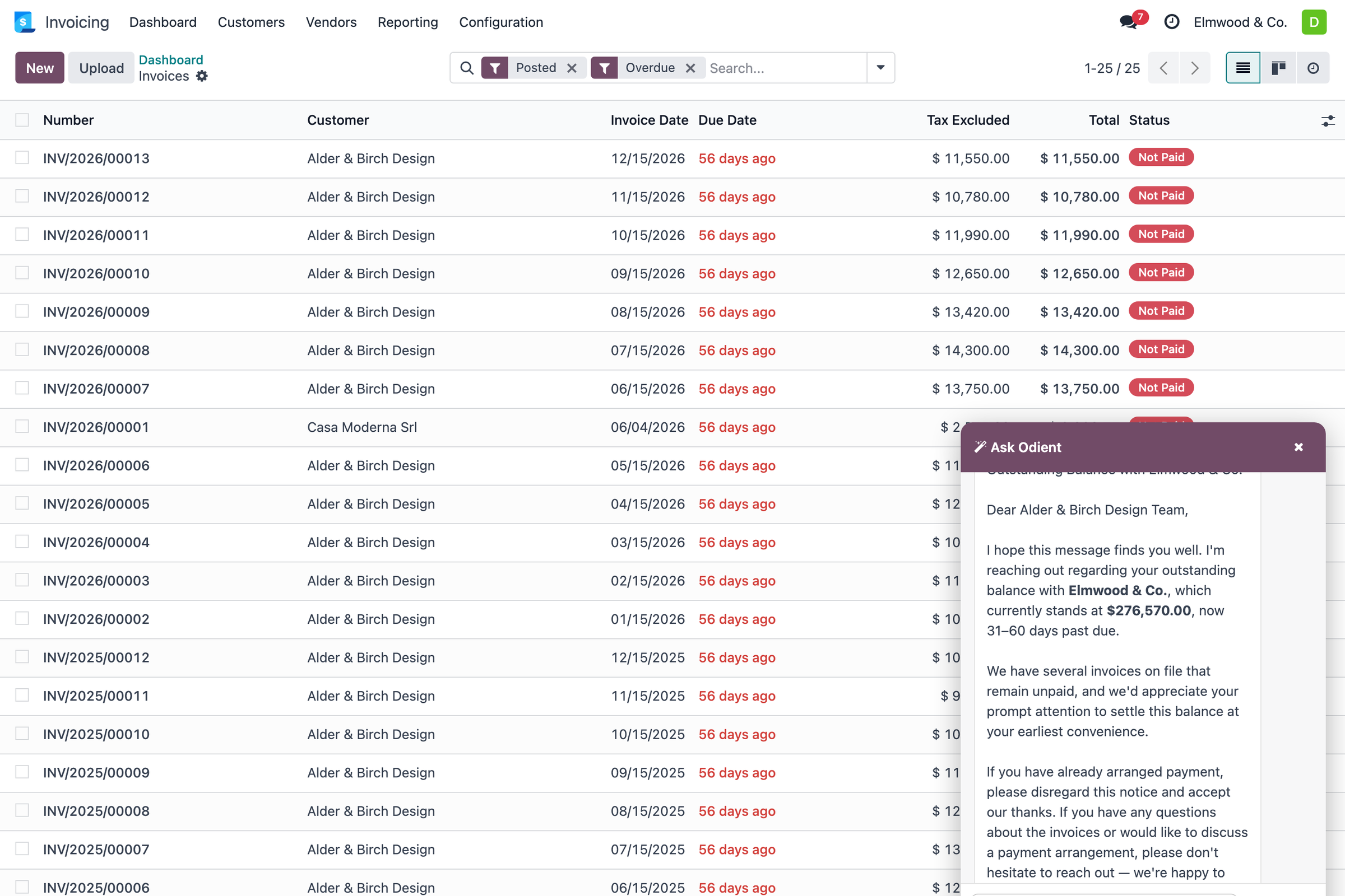 Receivables view in Odoo Accounting on our demo instance: aged balances by customer with overdue amounts highlighted