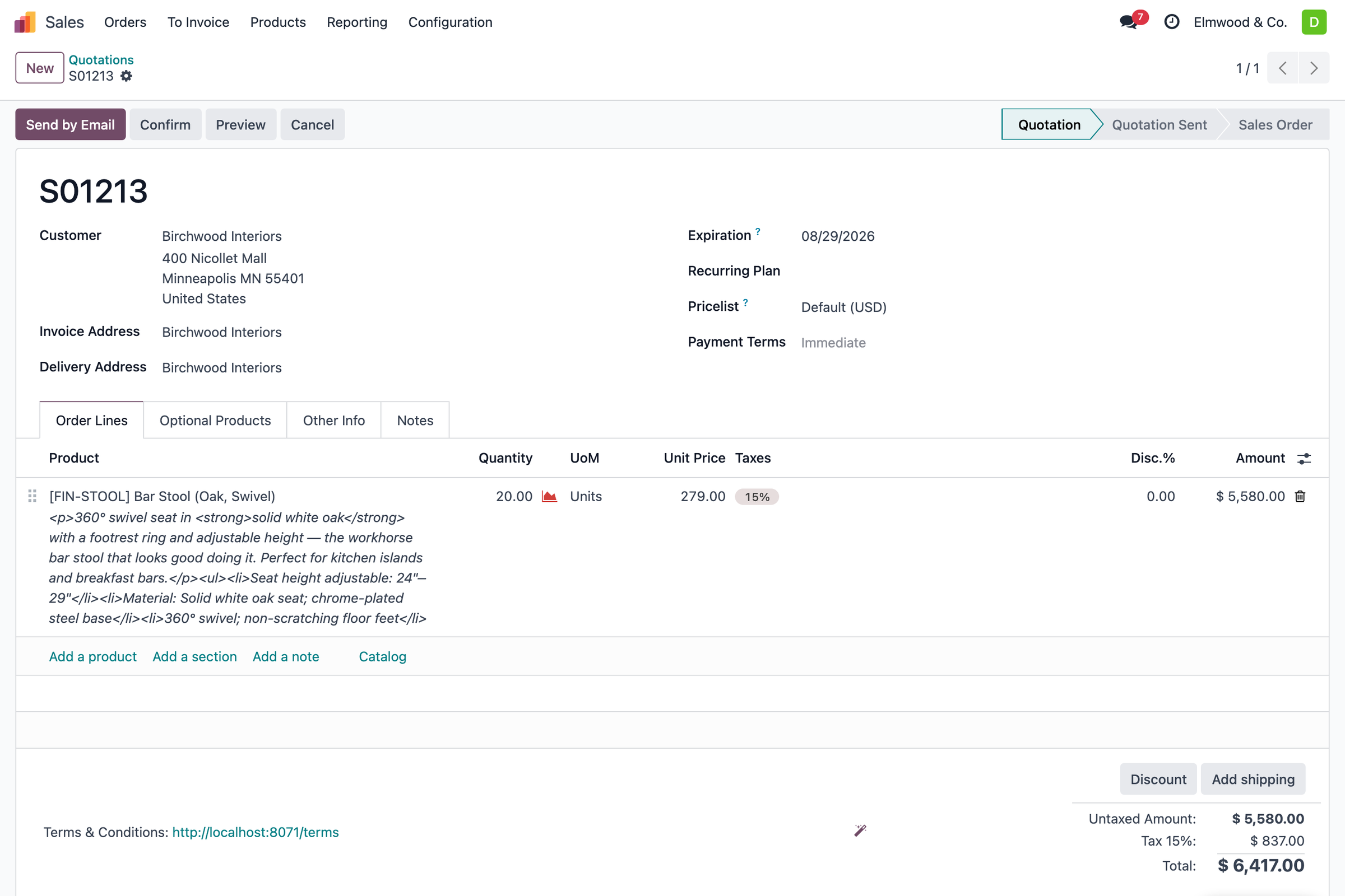 A drafted quotation in Odoo Sales created by the AI: S01213 for Birchwood Interiors, 20 bar stools, sitting in Quotation state, unsent
